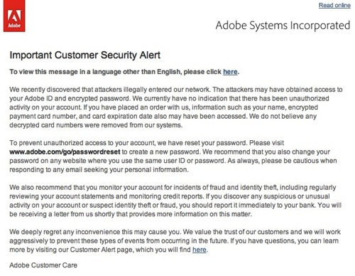 【Adobe】アドビから不正アクセス関連のパスワードリセットメールきた。※日本語訳ｱﾙﾖ